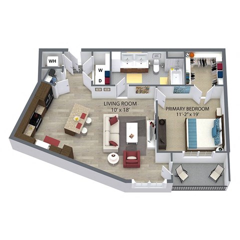 Floor plan for 1 bed, 1 bath, 727 sqft